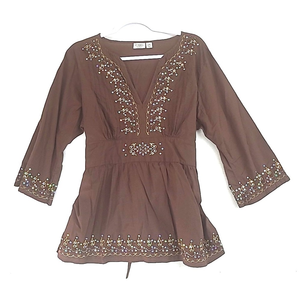 Brown Embroidered Tunic Top Womens V Neck Boho Fairy Festival Sz L 14/ 15W Cato